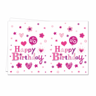 Borddug med Happy Birthday Pink i plastik pÃ¥ 120 x 180 cm